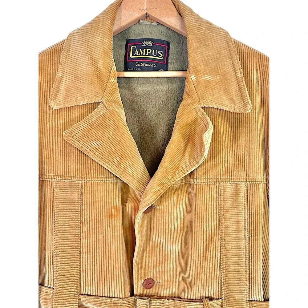 Vintage Campus Outerwear Belted Corduroy Lined Coat Men's 42